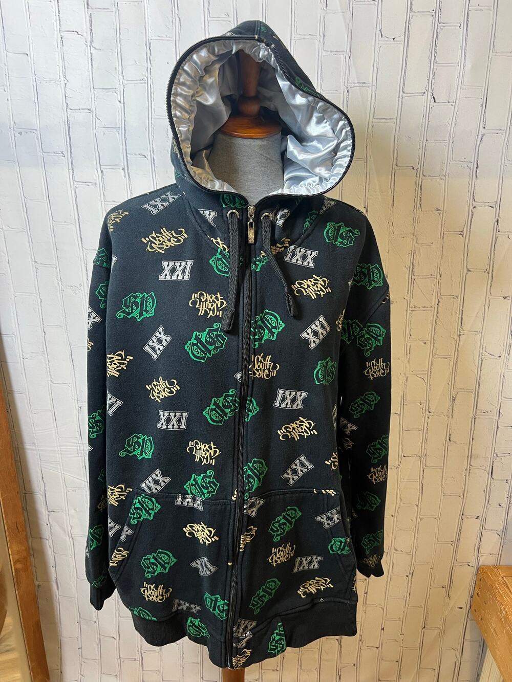 South Pole XL Y2K Full Zip Face Hoodie All Over Print Black Green Streetwear